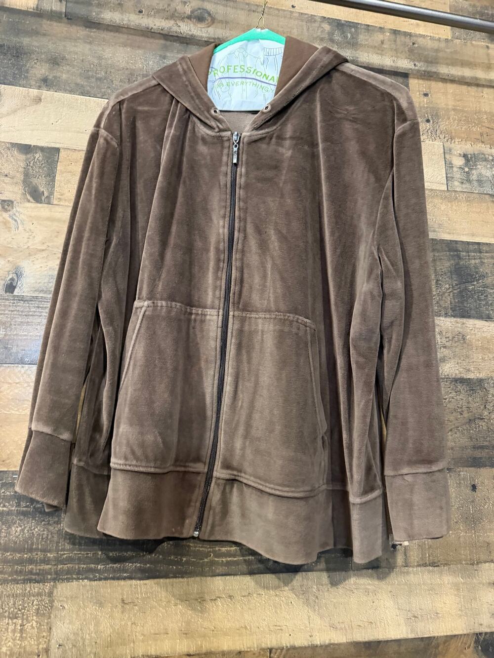 Soho Woman Plush Velour Zip Up Hoodie Jacket-Womens Size 3X-Brown Pocket Casual
